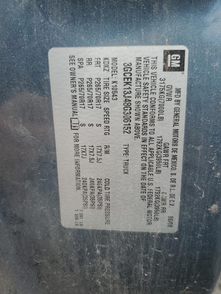 2008 Chevrolet Silverado K1500 VIN: 3GCEK13J48G306152 Lot: 87307805