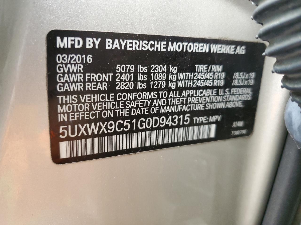 2016 BMW X3 xDrive28I VIN: 5UXWX9C51G0D94315 Lot: 84991525