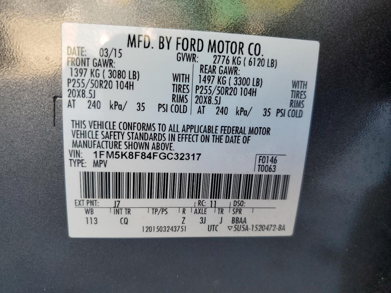 2015 Ford Explorer Limited VIN: 1FM5K8F84FGC32317 Lot: 85541585