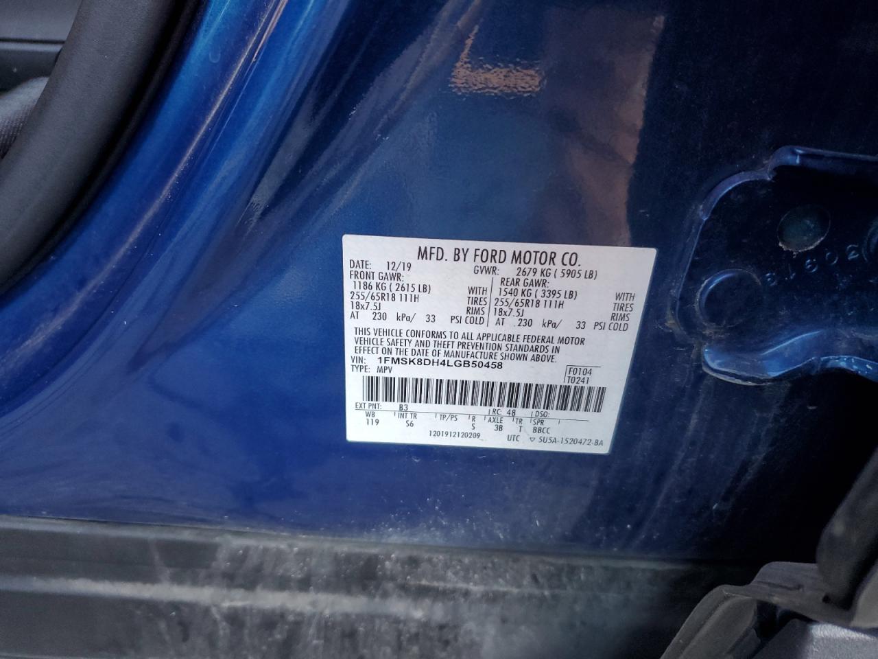 2020 Ford Explorer Xlt VIN: 1FMSK8DH4LGB50458 Lot: 86677265