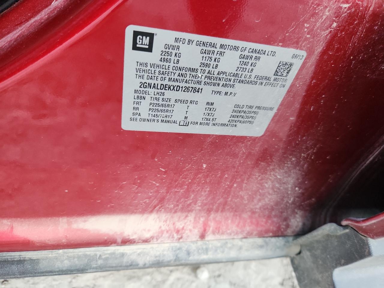 2013 Chevrolet Equinox Lt VIN: 2GNALDEKXD1267841 Lot: 85145495