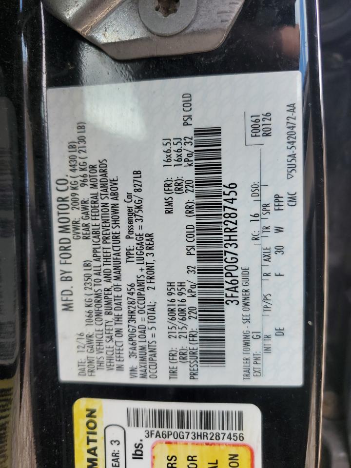 2017 Ford Fusion S VIN: 3FA6P0G73HR287456 Lot: 85739635