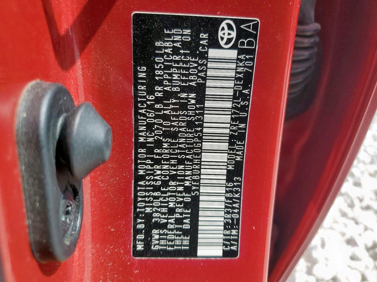 2016 Toyota Corolla L VIN: 5YFBURHE0GP541311 Lot: 84479595