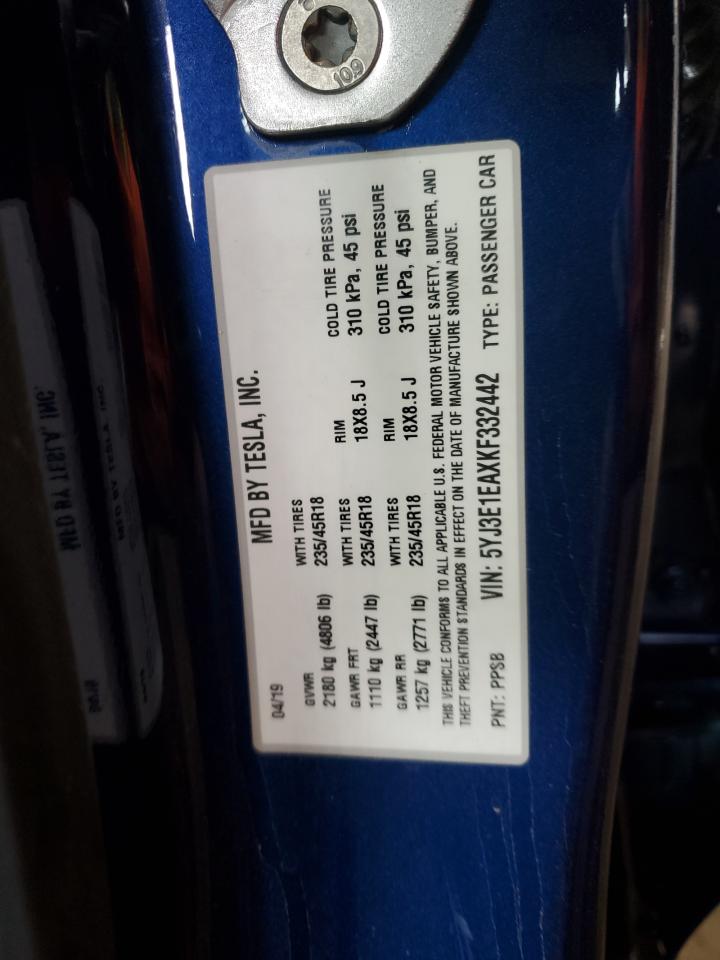 2019 Tesla Model 3 VIN: 5YJ3E1EAXKF332442 Lot: 90698065