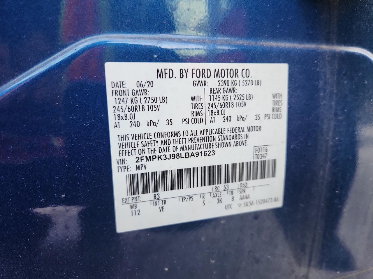 2020 Ford Edge Sel VIN: 2FMPK3J98LBA91623 Lot: 90102075