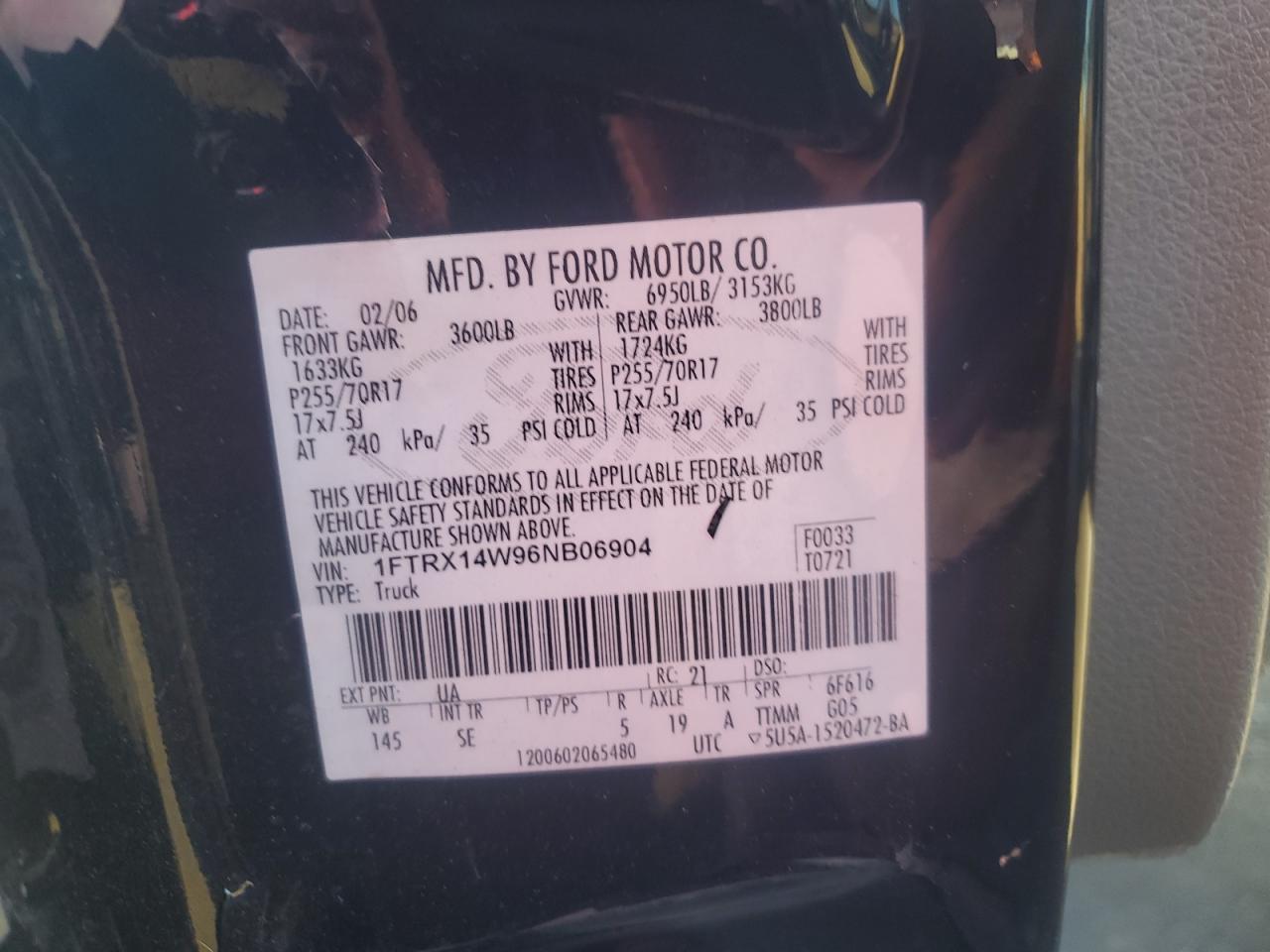 2006 Ford F150 VIN: 1FTRX14W96NB06904 Lot: 90733365