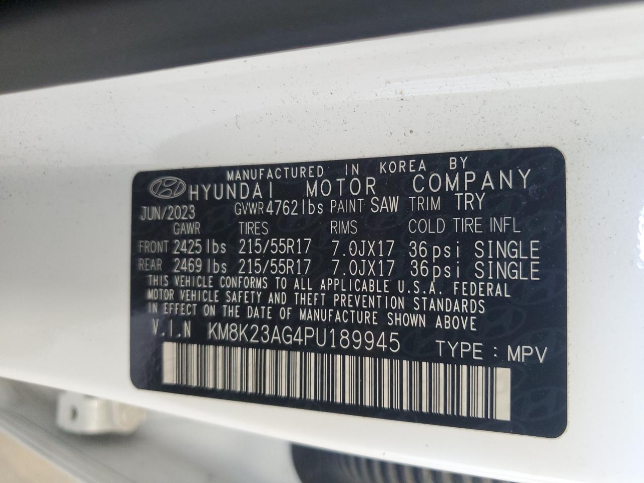 2023 Hyundai Kona Se VIN: KM8K23AG4PU189945 Lot: 89884405