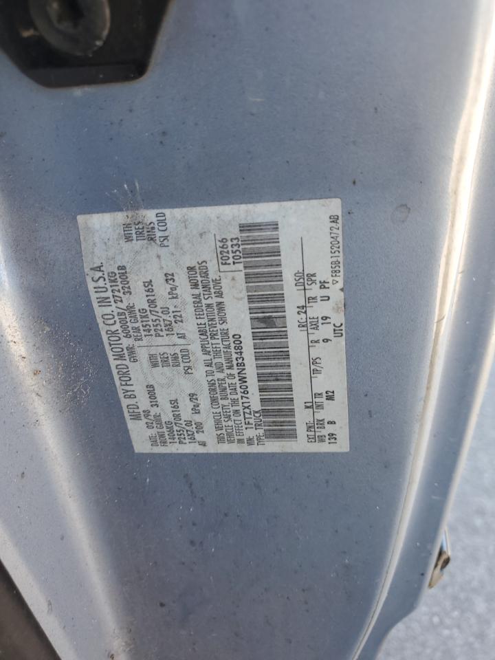 1998 Ford F150 VIN: 1FTZX1760WNB34800 Lot: 91009275