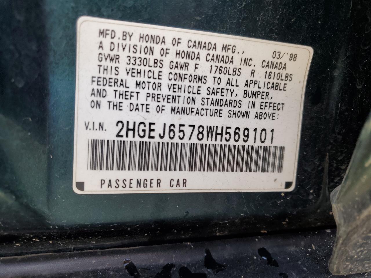 1998 Honda Civic Lx VIN: 2HGEJ6578WH569101 Lot: 86774595