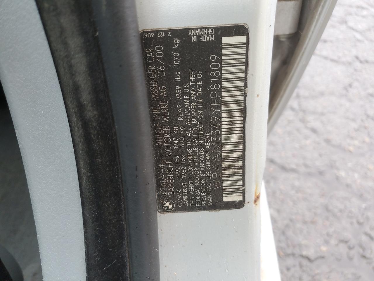 2000 BMW 323 I VIN: WBAAM3349YFP81809 Lot: 84292585