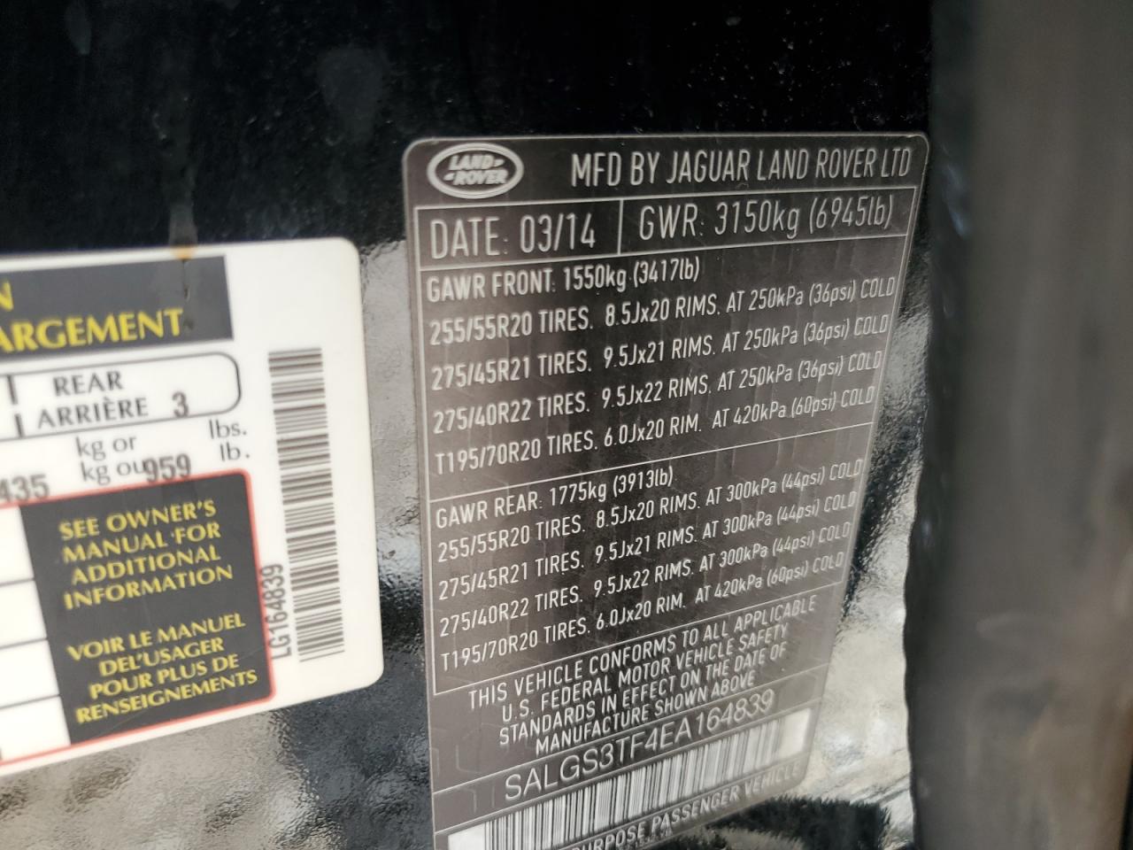 2014 Land Rover Range Rover Supercharged VIN: SALGS3TF4EA164839 Lot: 90064925