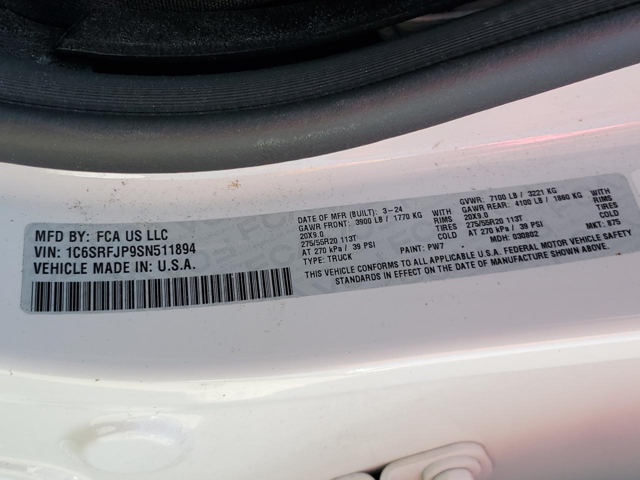 2025 Ram 1500 Laramie VIN: 1C6SRFJP9SN511894 Lot: 81899195