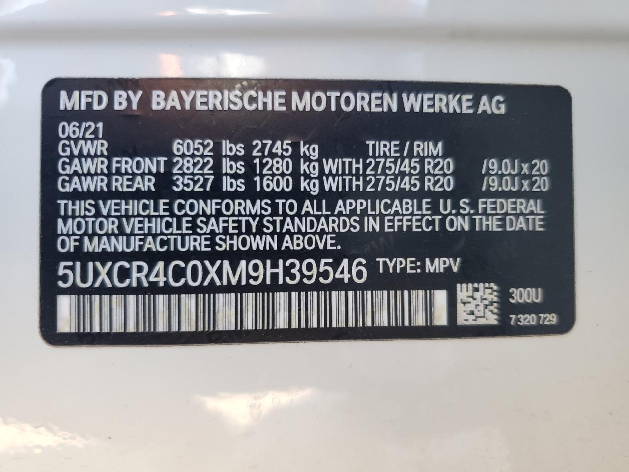2021 BMW X5 Sdrive 40I VIN: 5UXCR4C0XM9H39546 Lot: 87043045