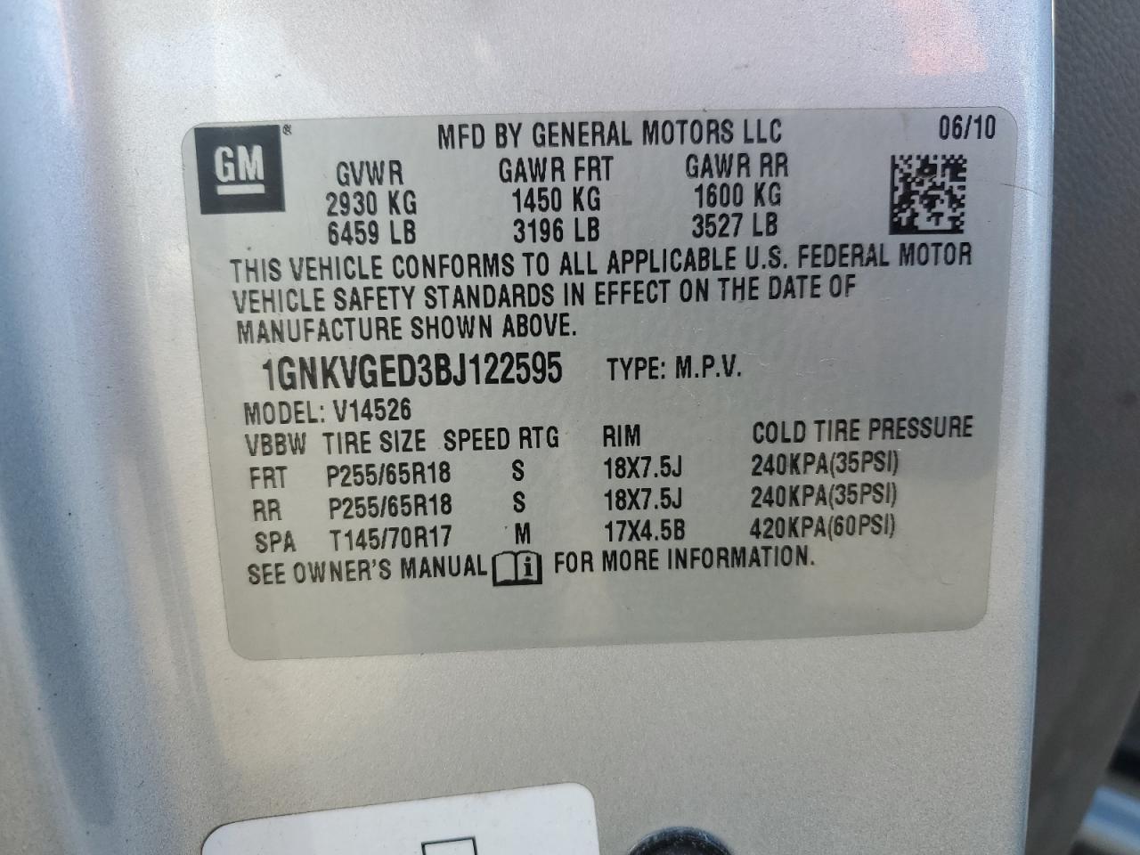 2011 Chevrolet Traverse Lt VIN: 1GNKVGED3BJ122595 Lot: 85648875