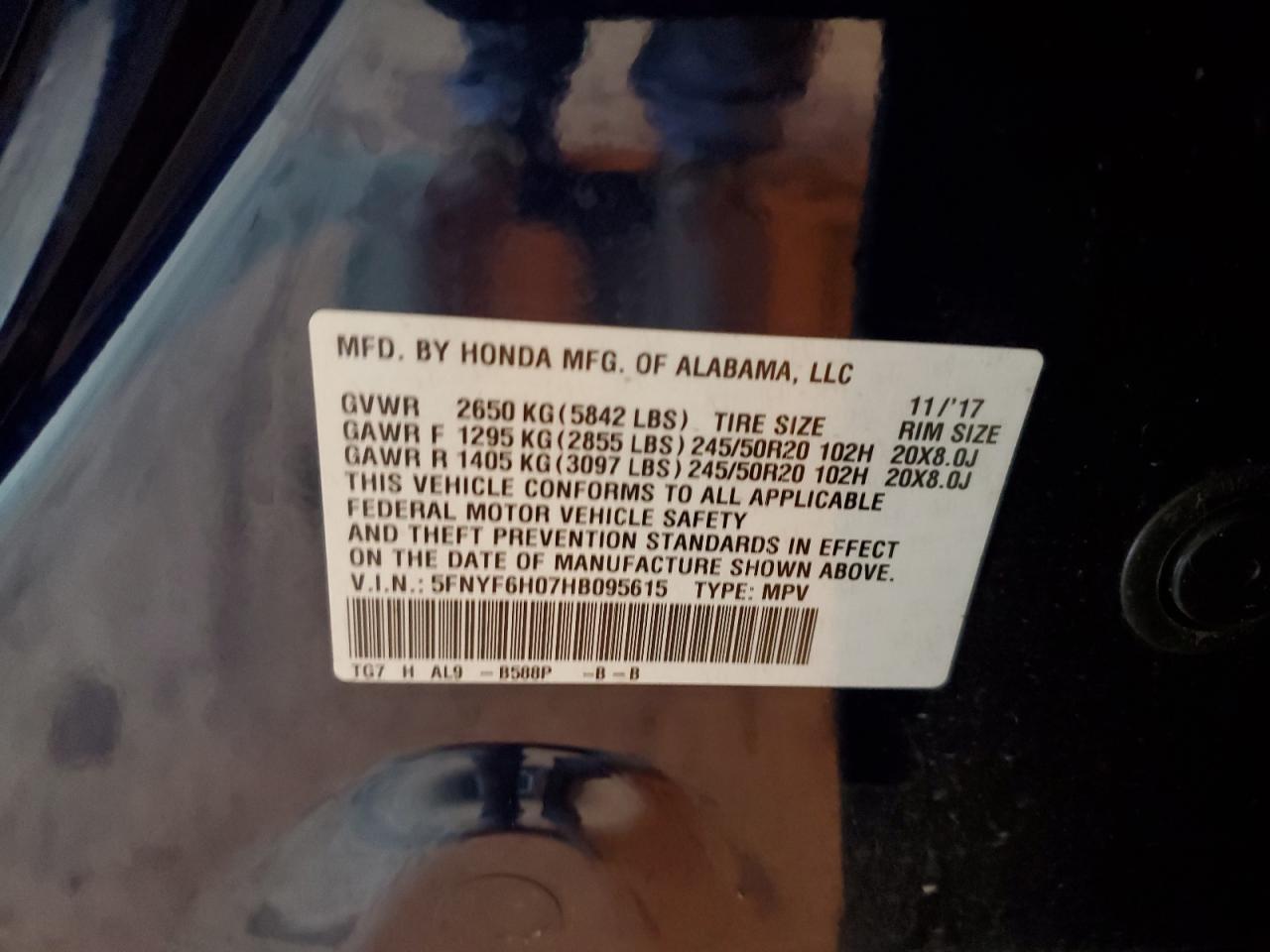 2017 Honda Pilot Elite VIN: 5FNYF6H07HB095615 Lot: 81959895