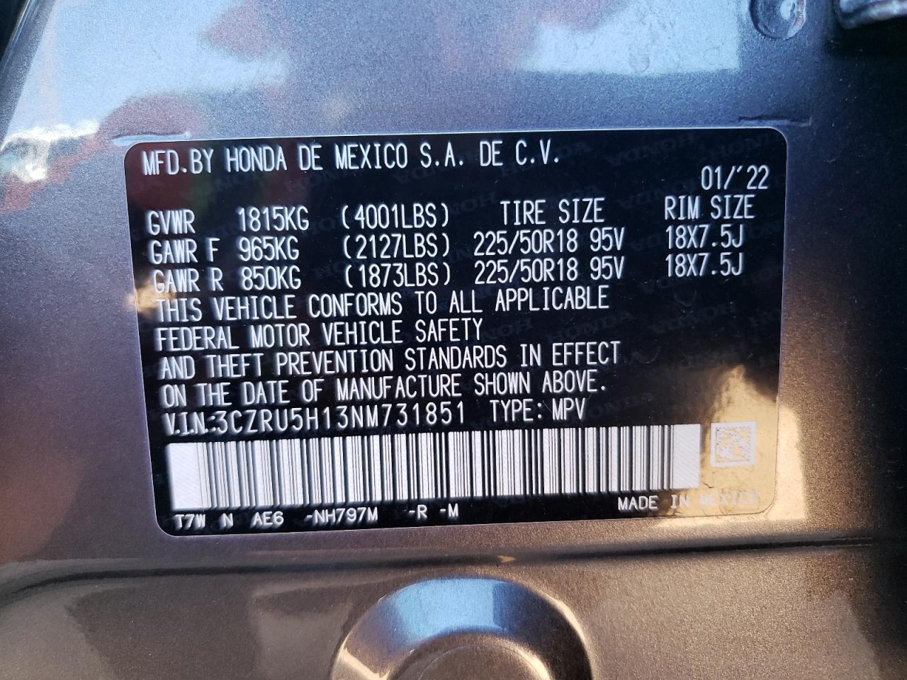 2022 Honda Hr-V Sport VIN: 3CZRU5H13NM731851 Lot: 82245855