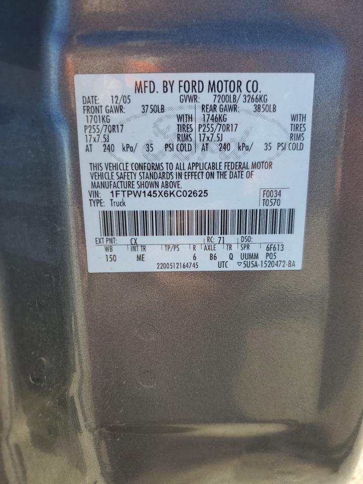 2006 Ford F150 Supercrew VIN: 1FTPW145X6KC02625 Lot: 82325035