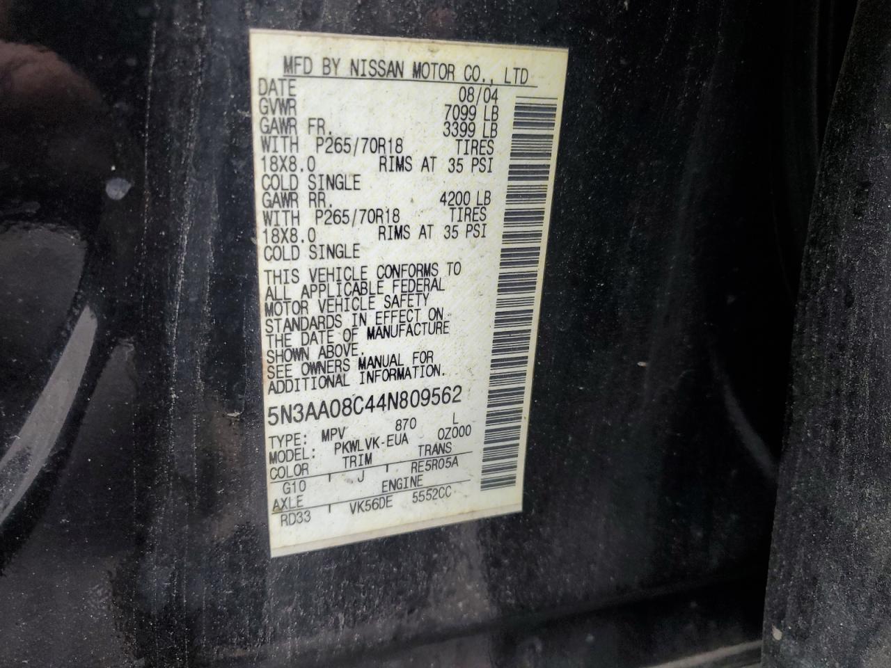 2004 Infiniti Qx56 VIN: 5N3AA08C44N809562 Lot: 82492015