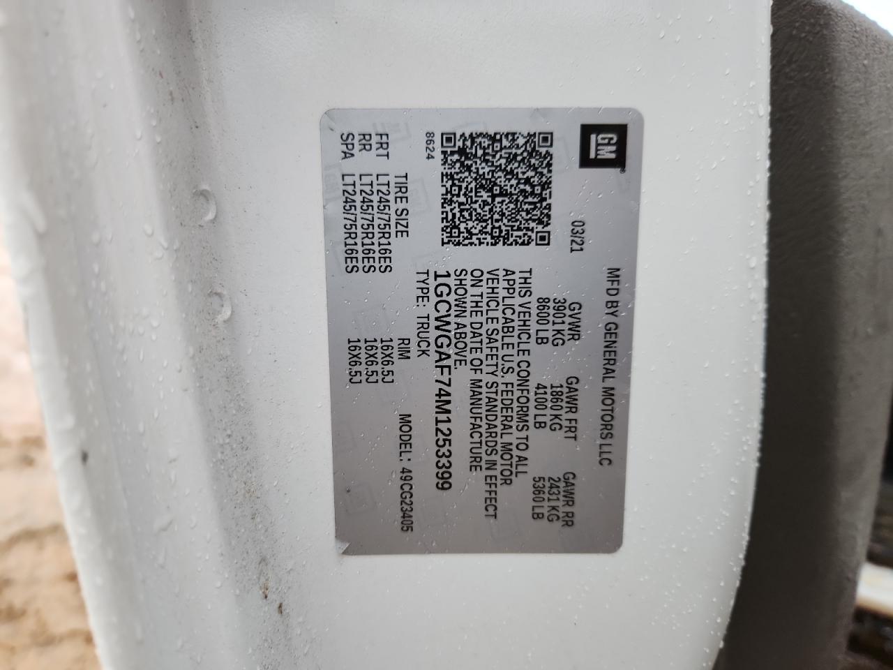 2021 Chevrolet Express 2500 Delivery Van VIN: 1GCWGAF74M1253399 Lot: 90285215