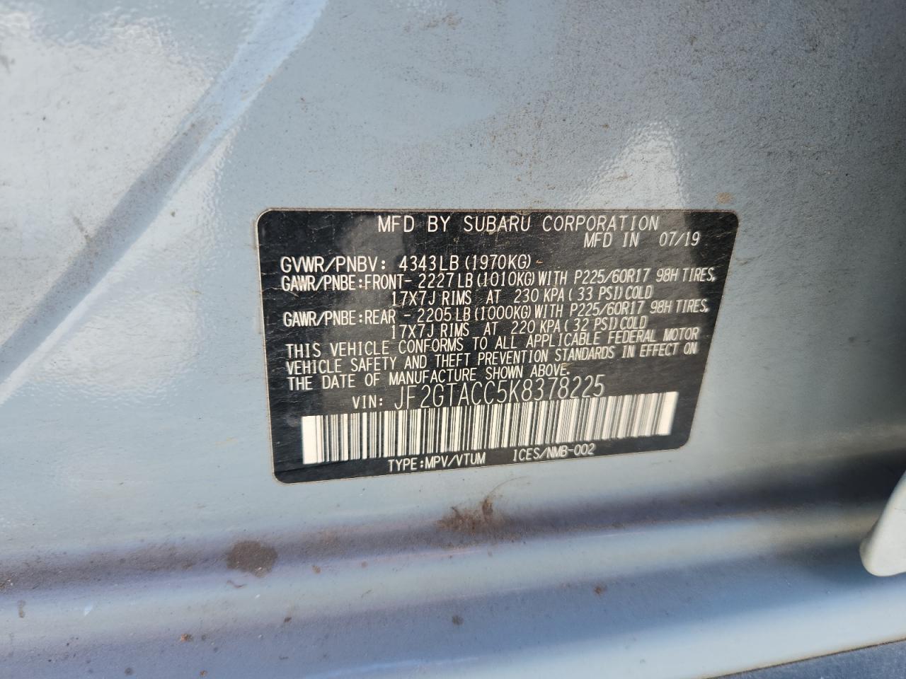 2019 Subaru Crosstrek Premium VIN: JF2GTACC5K8378225 Lot: 82178395