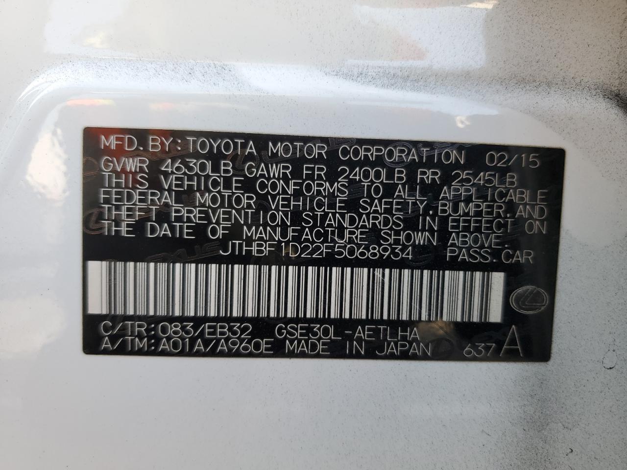 2015 Lexus Is 250 VIN: JTHBF1D22F5068934 Lot: 90318335