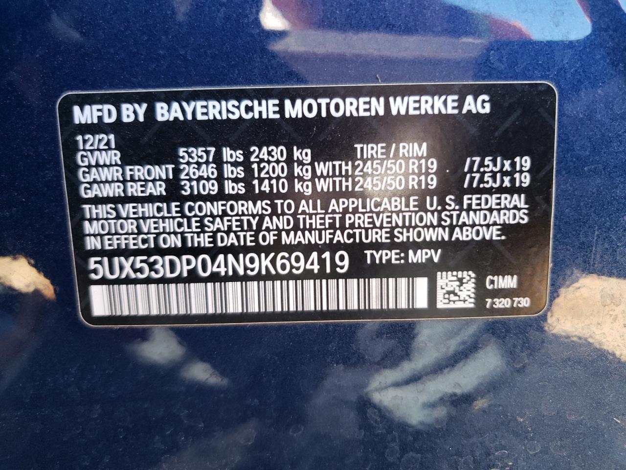 2022 BMW X3 xDrive30I VIN: 5UX53DP04N9K69419 Lot: 85832755