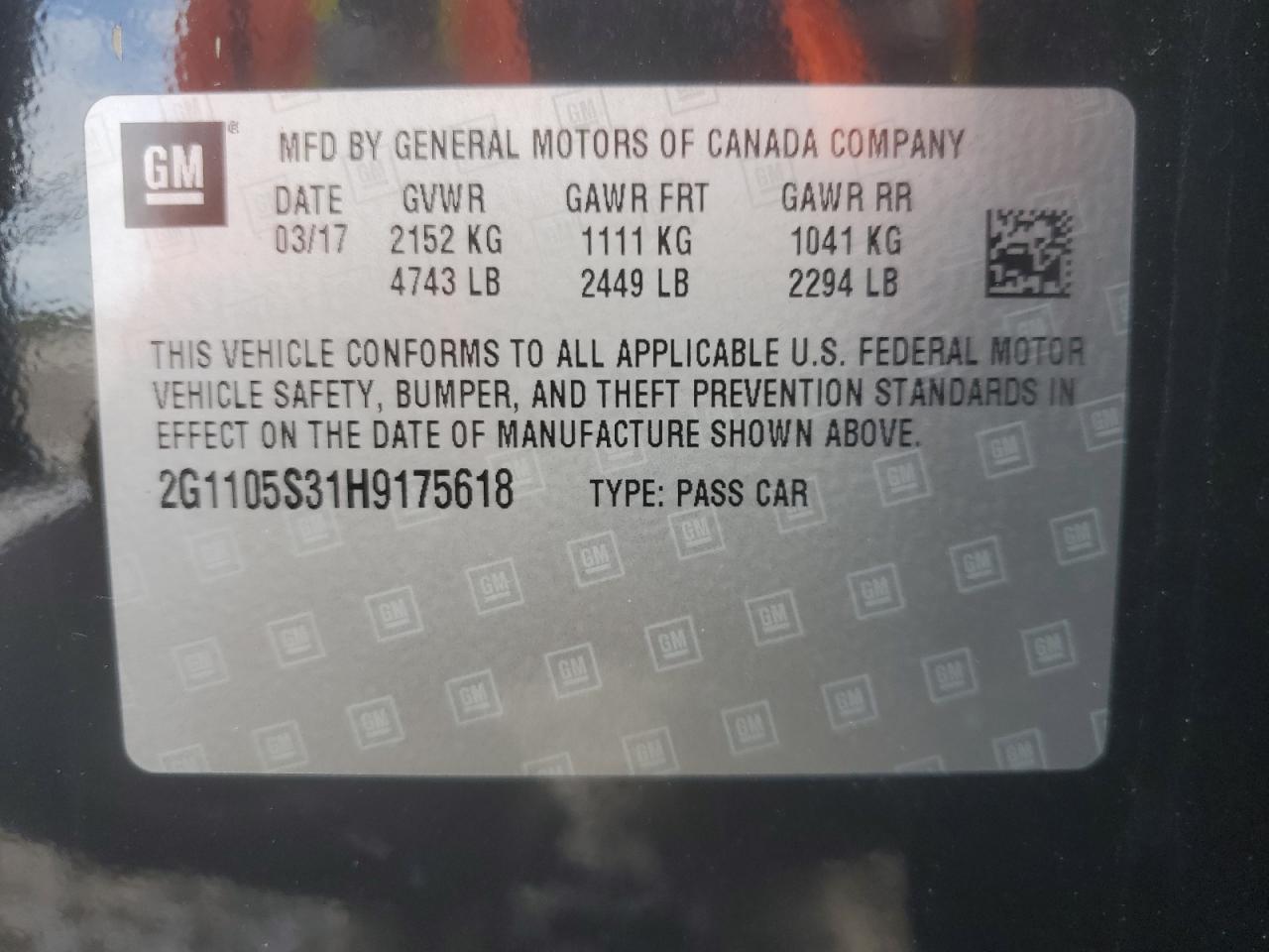 2017 Chevrolet Impala Lt VIN: 2G1105S31H9175618 Lot: 82205305