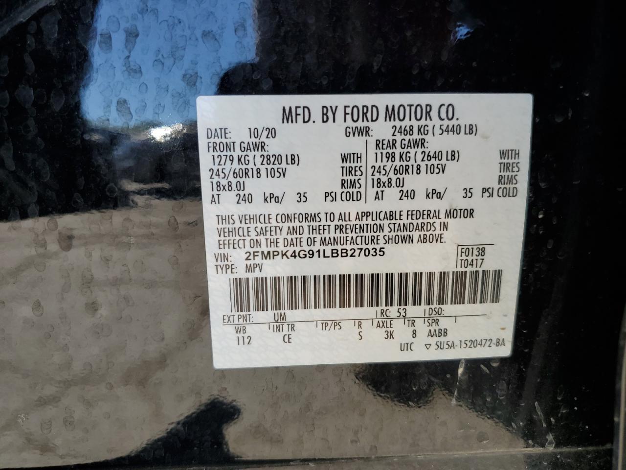 2020 Ford Edge Se VIN: 2FMPK4G91LBB27035 Lot: 89634065