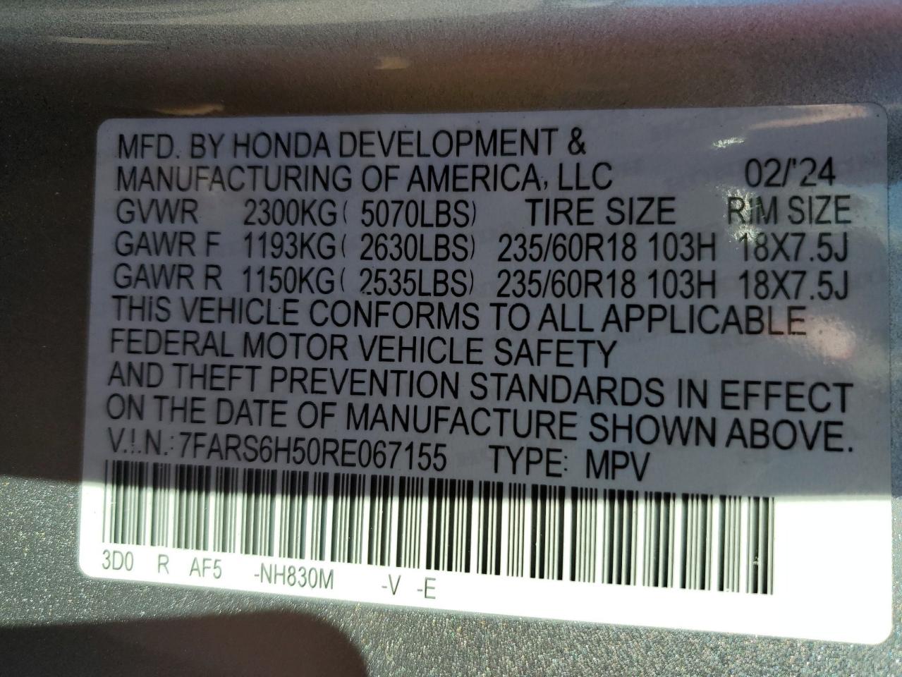 2024 Honda Cr-V Sport VIN: 7FARS6H50RE067155 Lot: 86235405