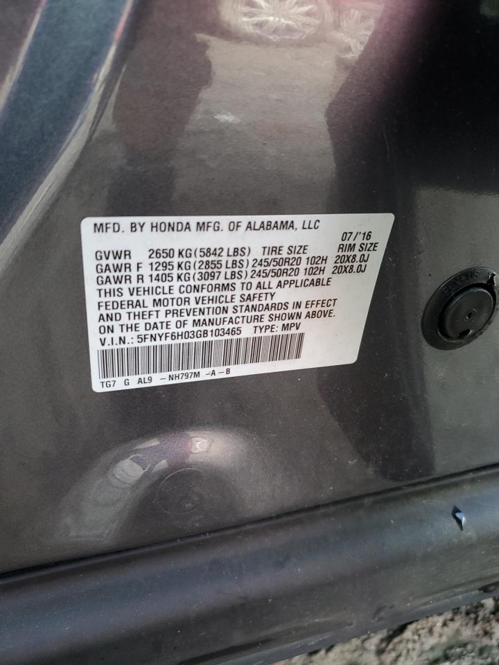 2016 Honda Pilot Elite VIN: 5FNYF6H03GB103465 Lot: 85551195