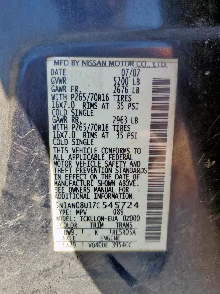 2007 Nissan Xterra Off Road VIN: 5N1AN08U17C545724 Lot: 85930075