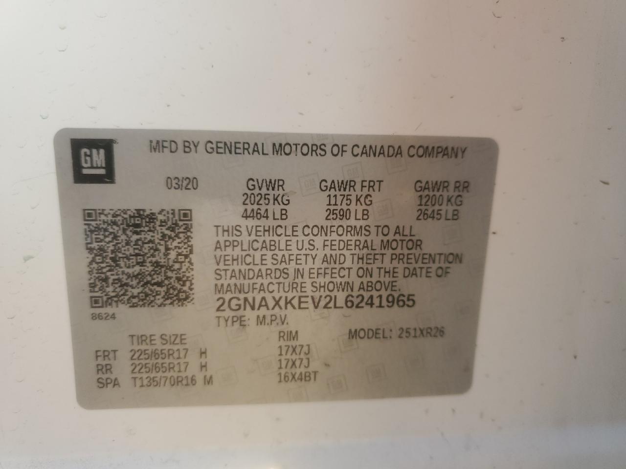 2020 Chevrolet Equinox Lt VIN: 2GNAXKEV2L6241965 Lot: 81888355