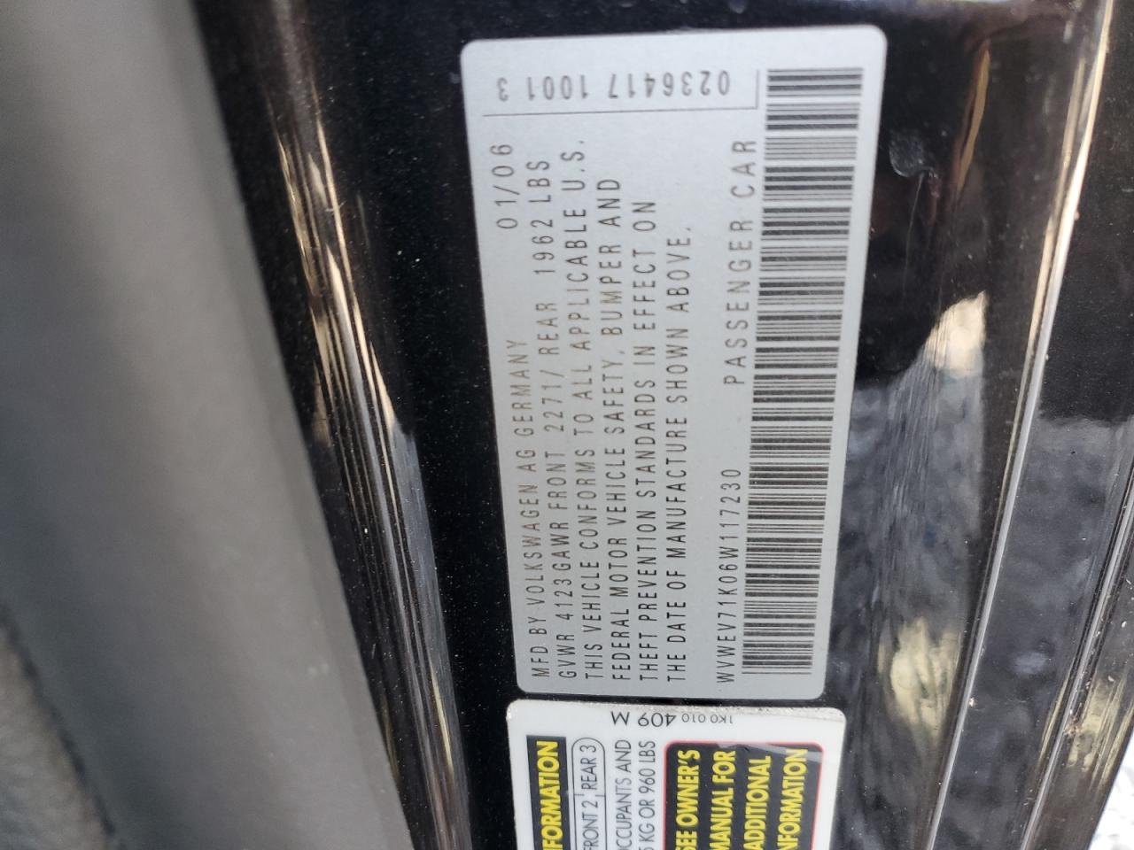 2006 Volkswagen New Gti VIN: WVWEV71K06W117230 Lot: 84886665