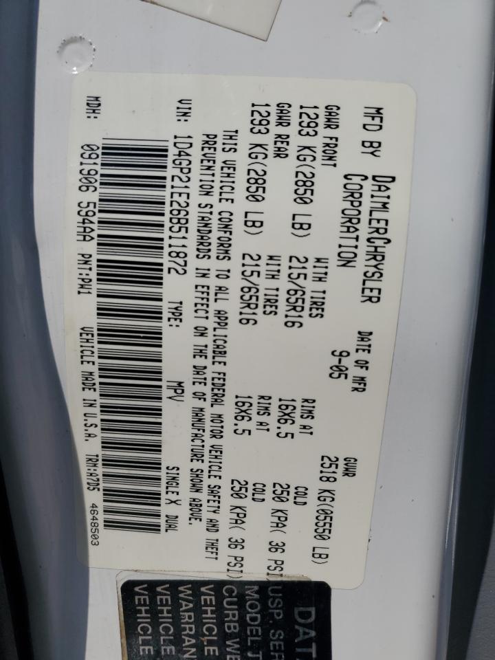 2006 Dodge Caravan C/V VIN: 1D4GP21E26B511872 Lot: 85147915