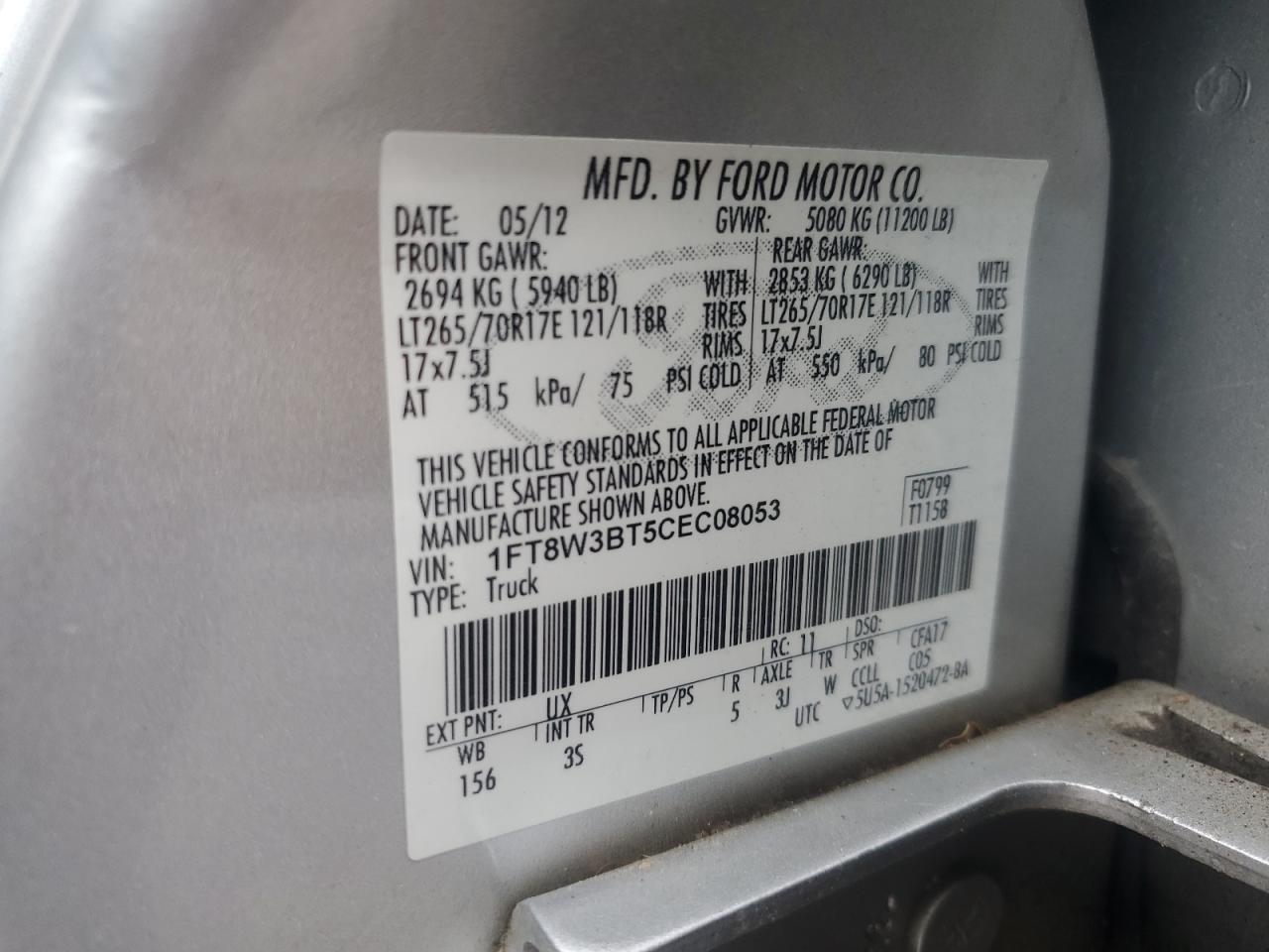 2012 Ford F350 Super Duty VIN: 1FT8W3BT5CEC08053 Lot: 82742665