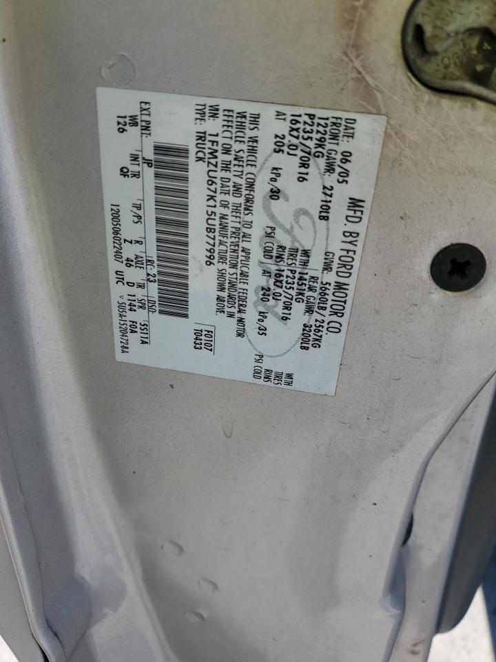 2005 Ford Explorer Sport Trac VIN: 1FMZU67K15UB77996 Lot: 85864905