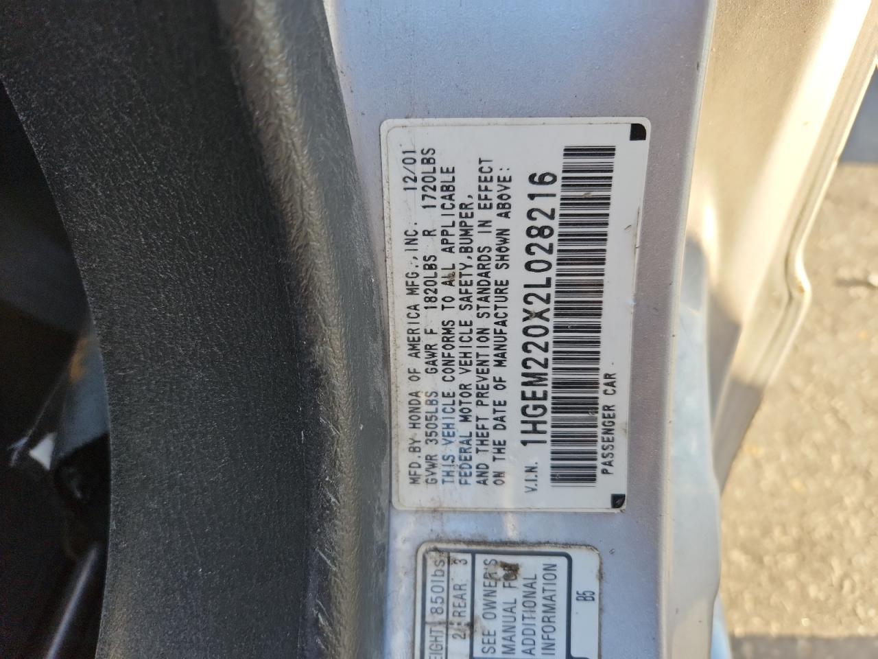 2002 Honda Civic Ex VIN: 1HGEM220X2L028216 Lot: 85179365