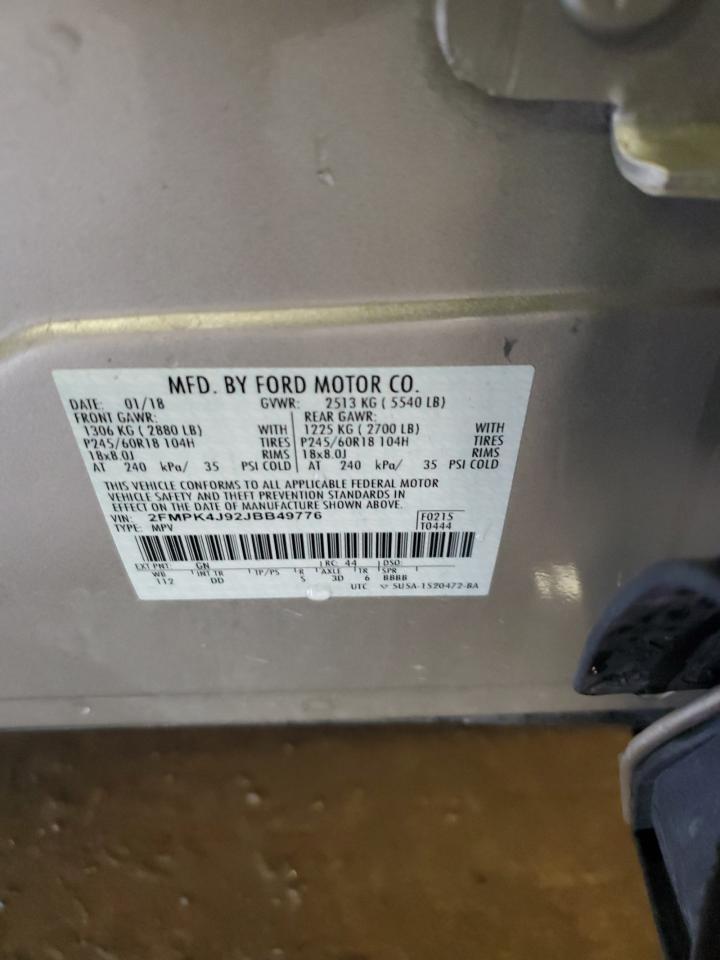 2018 Ford Edge Sel VIN: 2FMPK4J92JBB49776 Lot: 85591705