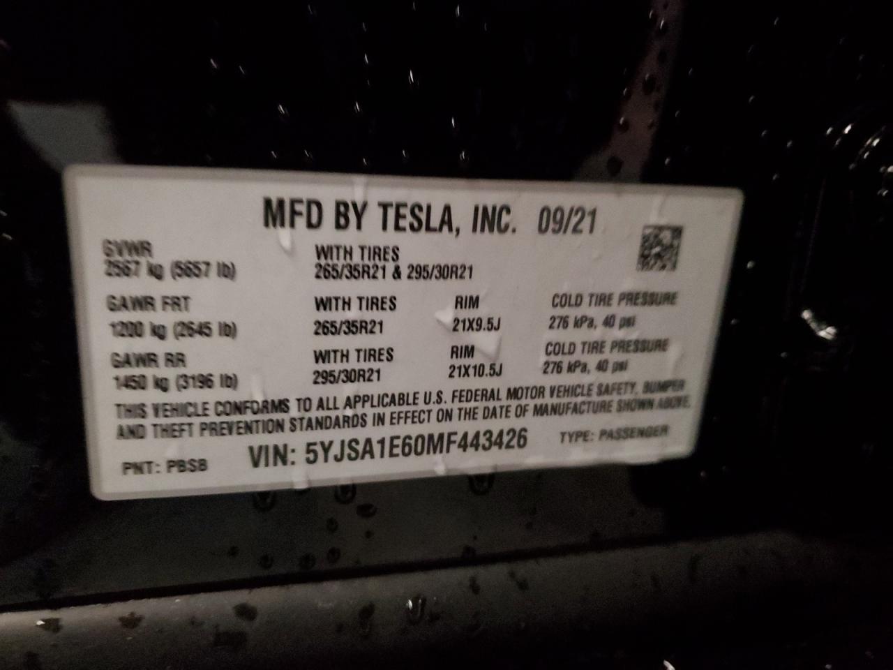 2021 Tesla Model S VIN: 5YJSA1E60MF443426 Lot: 85601345