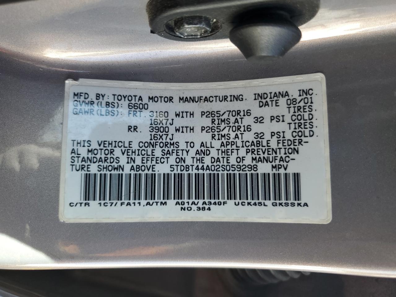 2002 Toyota Sequoia Sr5 VIN: 5TDBT44A02S059298 Lot: 85163545