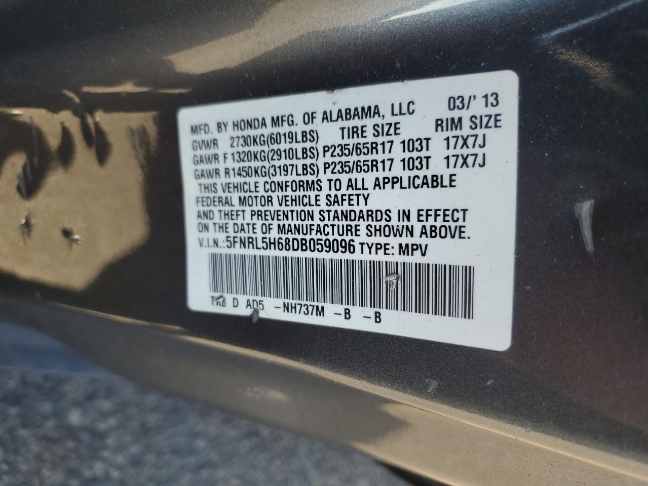 2013 Honda Odyssey Exl VIN: 5FNRL5H68DB059096 Lot: 85336125