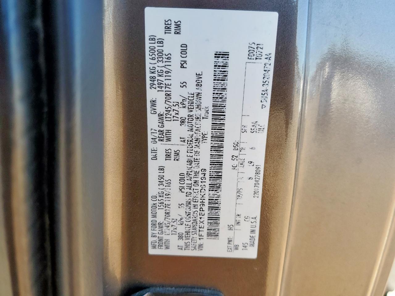 2017 Ford F150 Super Cab VIN: 1FTEX1EP9HKD61949 Lot: 91023855