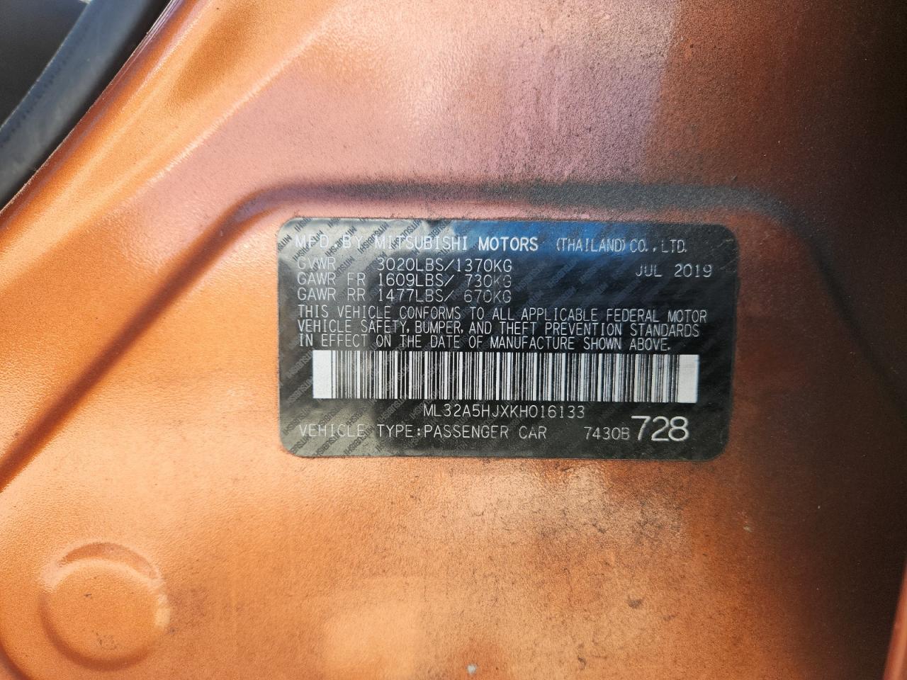 2019 Mitsubishi Mirage Le VIN: ML32A5HJXKH016133 Lot: 89821215