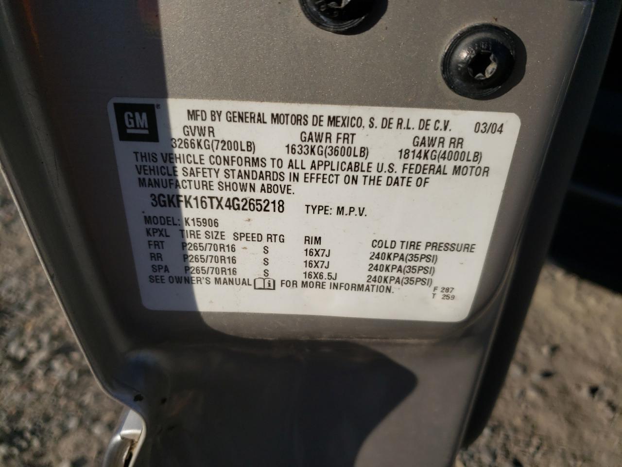 2004 GMC Yukon Xl K1500 VIN: 3GKFK16TX4G265218 Lot: 82390495