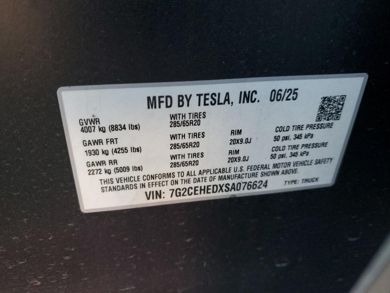 2025 Tesla Cybertruck VIN: 7G2CEHEDXSA076624 Lot: 85396725