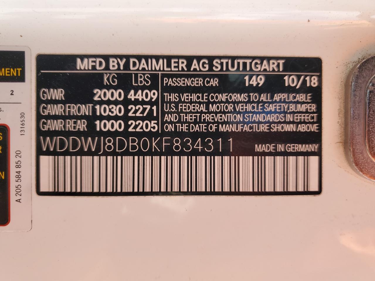 2019 Mercedes-Benz C 300 VIN: WDDWJ8DB0KF834311 Lot: 85108115