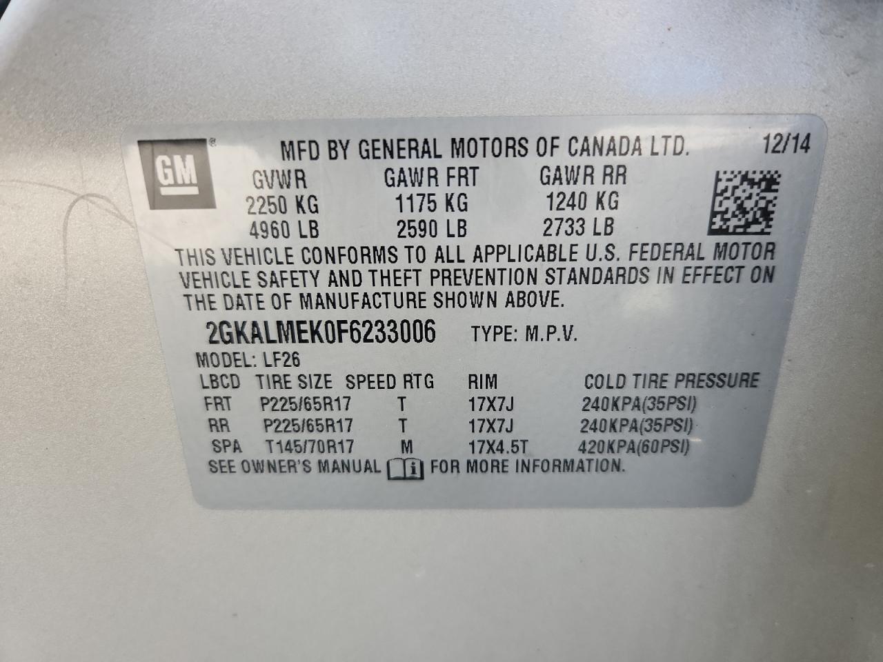 2015 GMC Terrain Sle VIN: 2GKALMEK0F6233006 Lot: 84646195