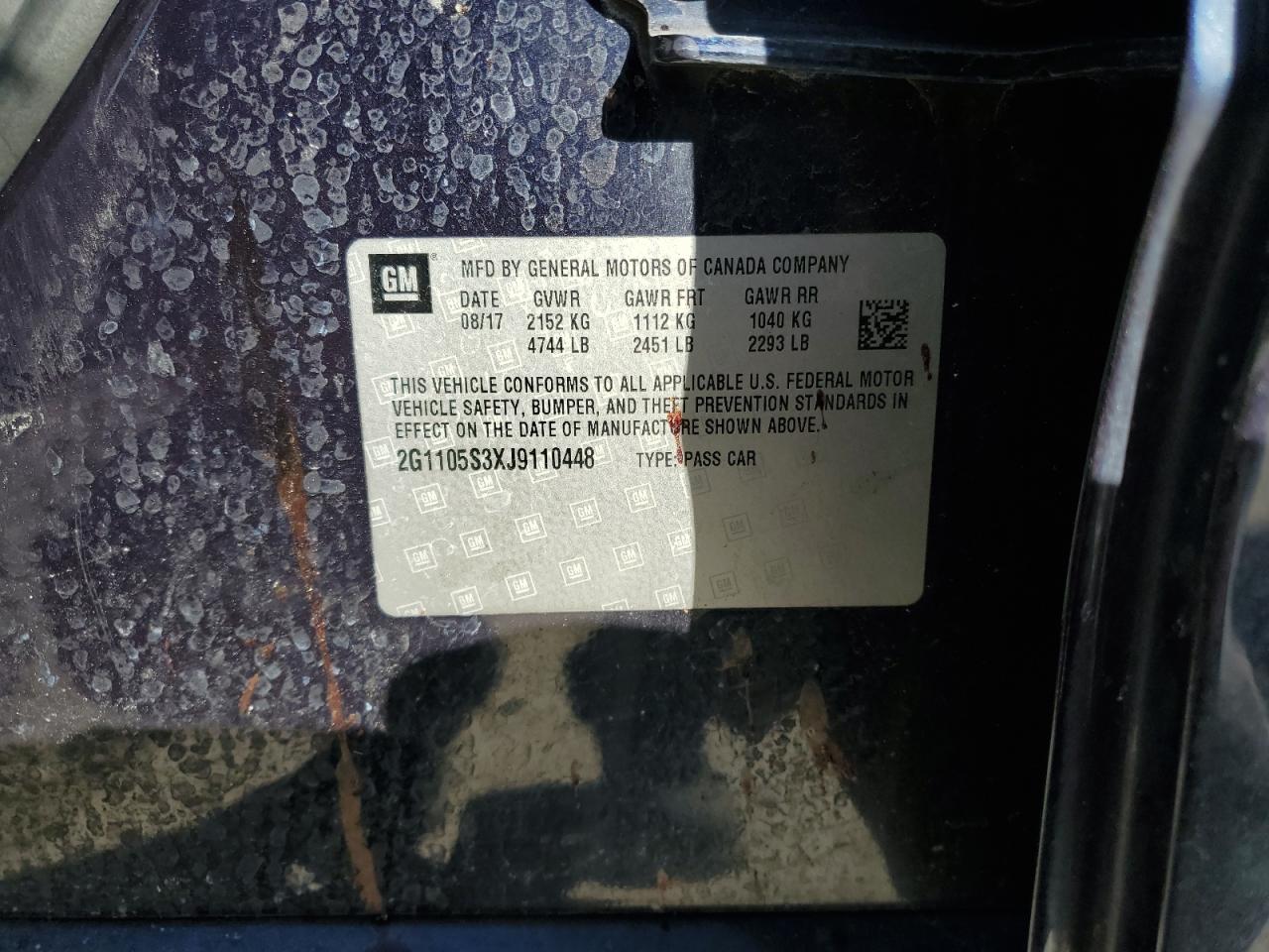 2018 Chevrolet Impala Lt VIN: 2G1105S3XJ9110448 Lot: 85585985