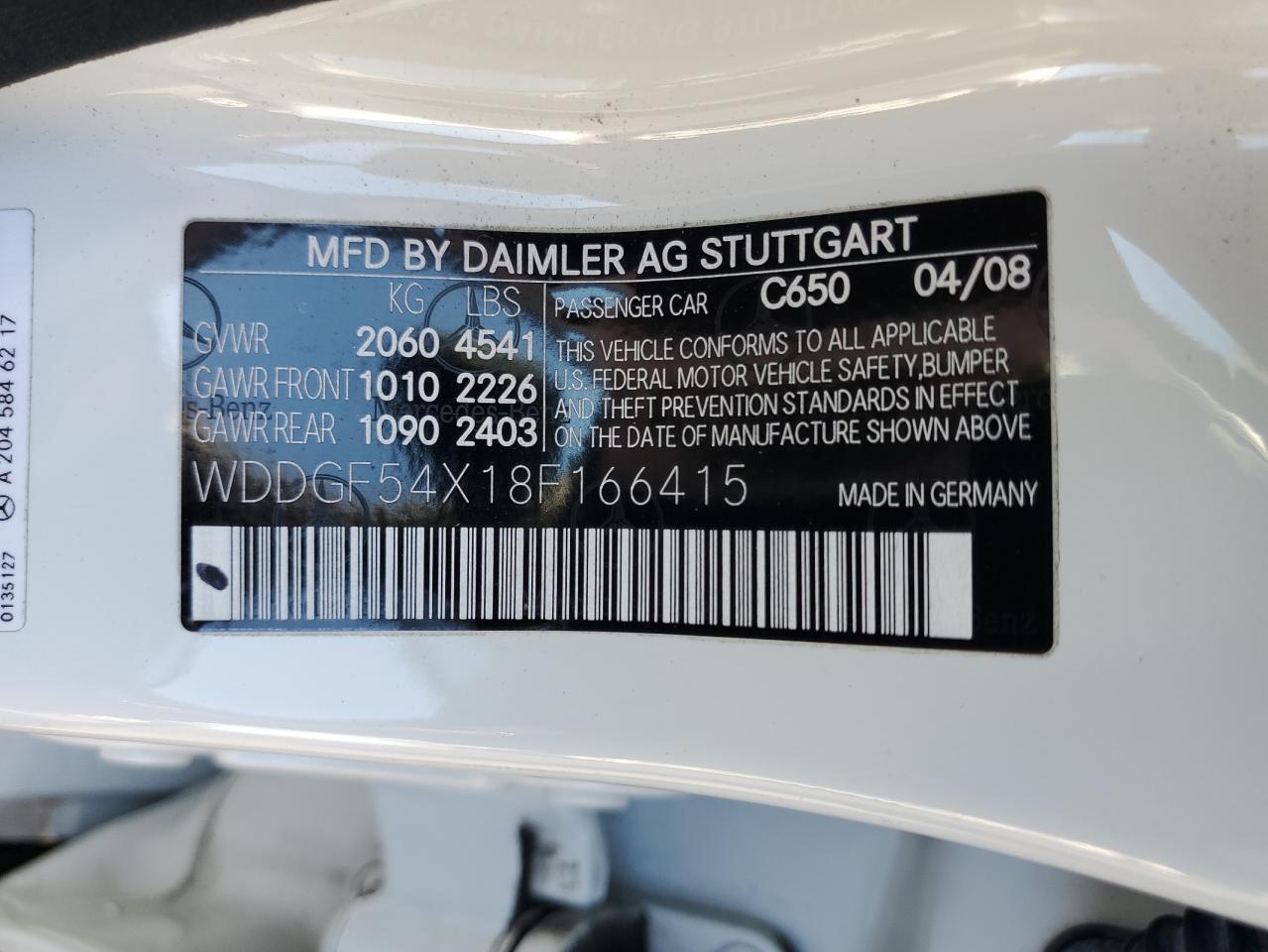 2008 Mercedes-Benz C 300 VIN: WDDGF54X18F166415 Lot: 86526995