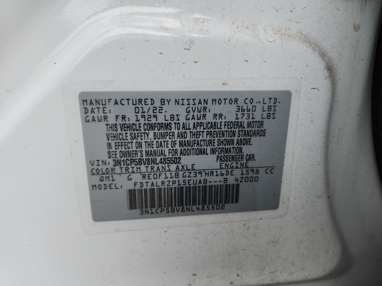 2022 Nissan Kicks S VIN: 3N1CP5BV8NL485502 Lot: 85927755